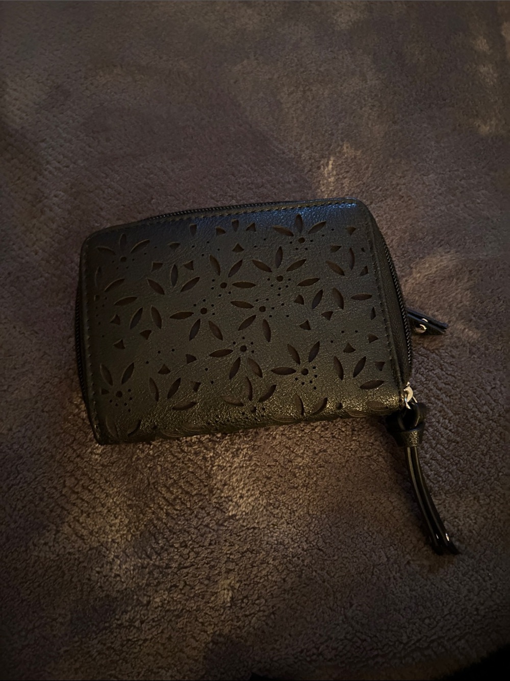 Black Floral Perforated Leather Zip Wallet